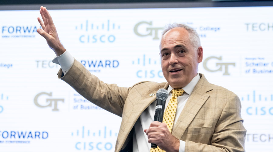 Georgia Tech President Ángel Cabrera speaks to conference attendees ahead of the welcome reception festivities.