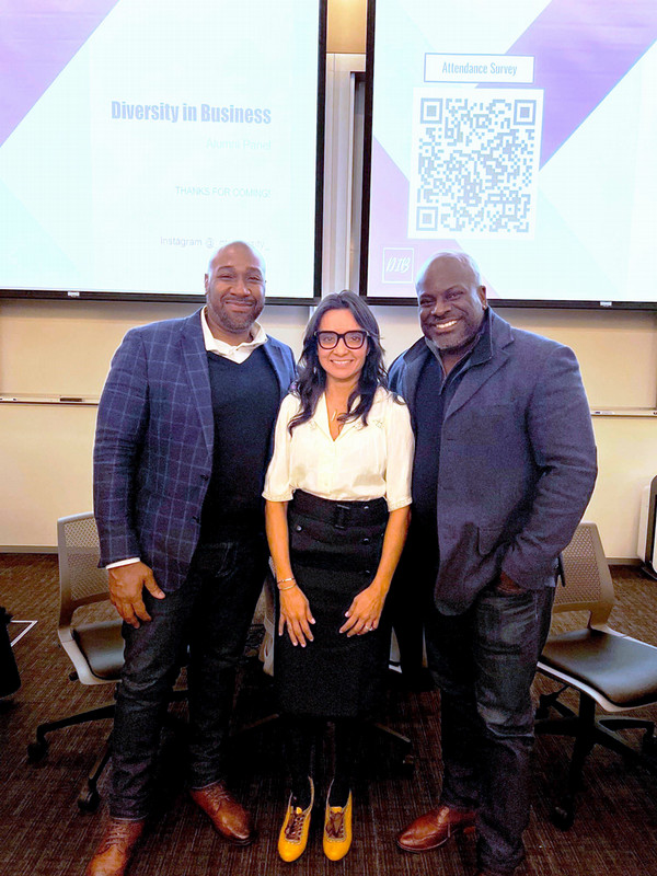 Duane, Aparna Sharma, and Jamaal, speakers in a Diversity in Business student group panel.