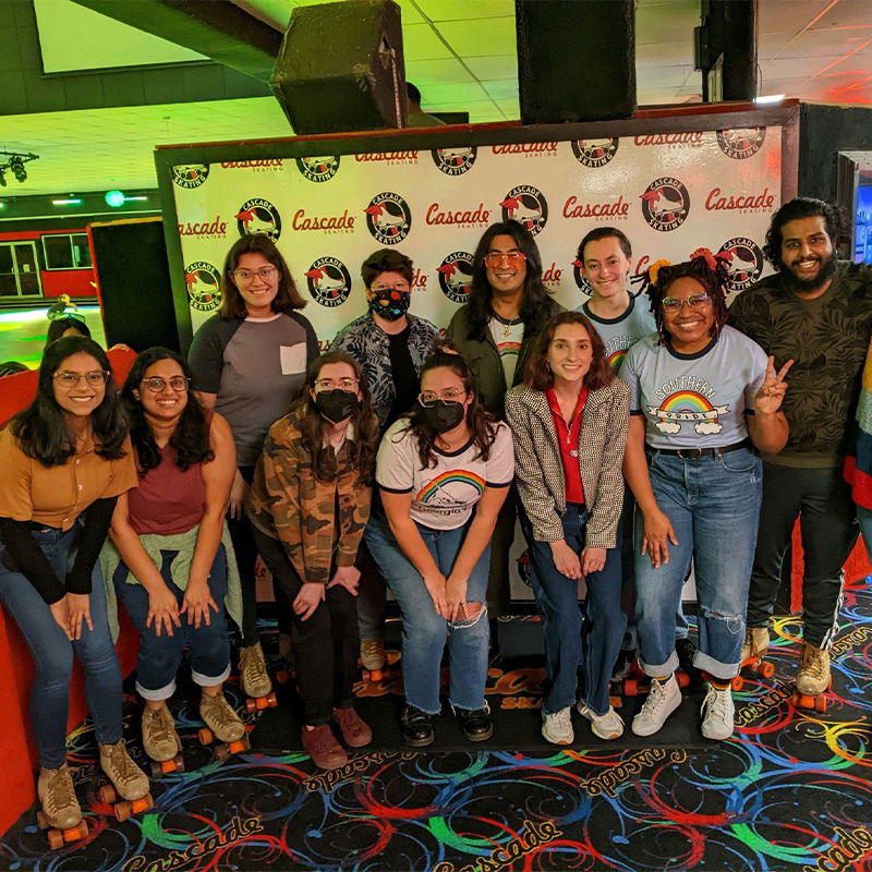 Scheller Evening MBA ’26 Anjana Anandkumar joins other members of Georgia Tech Lavender Alumni at a roller-skating event