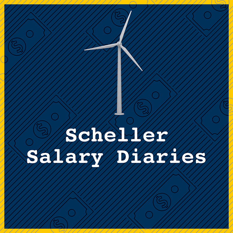 A windmill and money on a blue background with copy that reads “Scheller Salary Diaries” 
