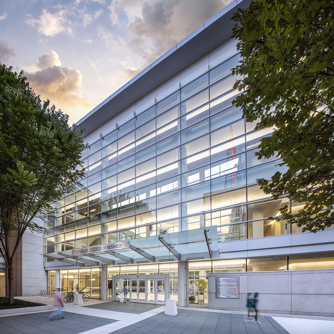 Front of Scheller College of Business building at dusk