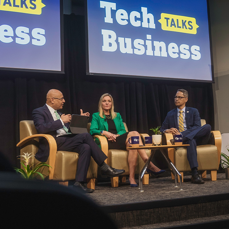 Dean Anuj Mehrotra sits with iFOLIO’s Jean Marie Richardson and Southern Company’s Daniel Diaz for a special Tech Talks Business session for incoming graduate students.