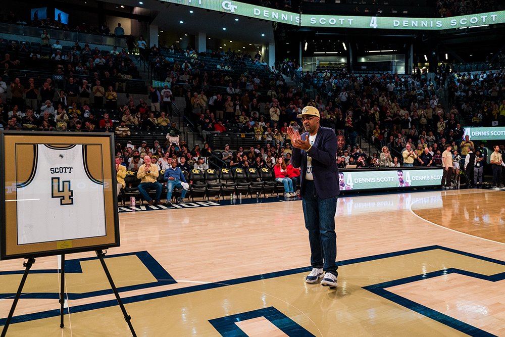 Scott saw his jersey No. 4 hung from the rafters in a halftime ceremony during Tech's November 15 game vs. Georgia.