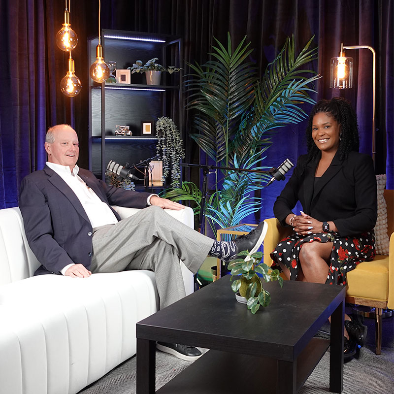 Dave Deiters, Associate Dean of MBA Programs and Jones MBA Career Center; Analisa Wade, MBA ‘25 sitting down to record a podcast