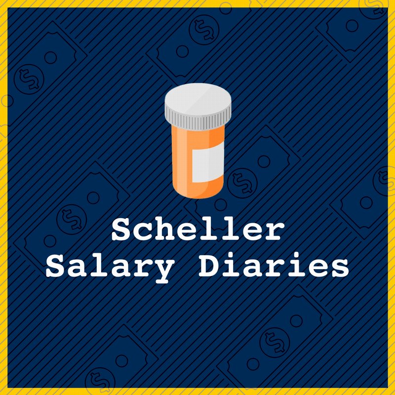 Text reads: "Scheller Salary Diaries" with pill bottle graphic