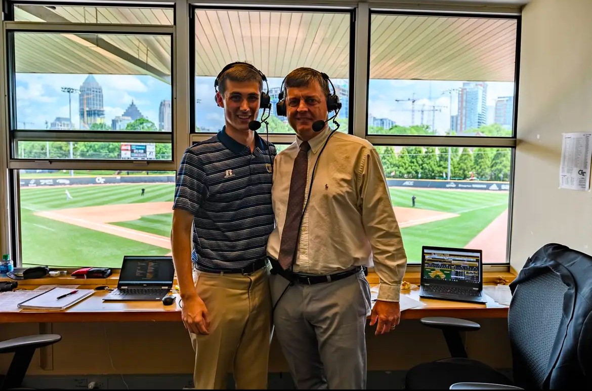 Wiley in the Georgia Tech baseball press box with Jim Poole (1966 – 2023). Poole was a Tech and MLB pitcher. 