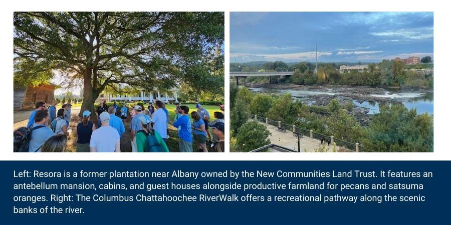 Left: People gathered around a tree on the site of a former plantation, Resora. Right: The riverbanks of the Columbus Chattahoochee Riverwalk