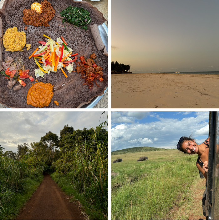 Clockwise from upper left: injera (a traditional Ethiopian dish), Diani Beach, Amanda on a safari, and Amanda’s view as she took a run through the Nairobi National Park.)