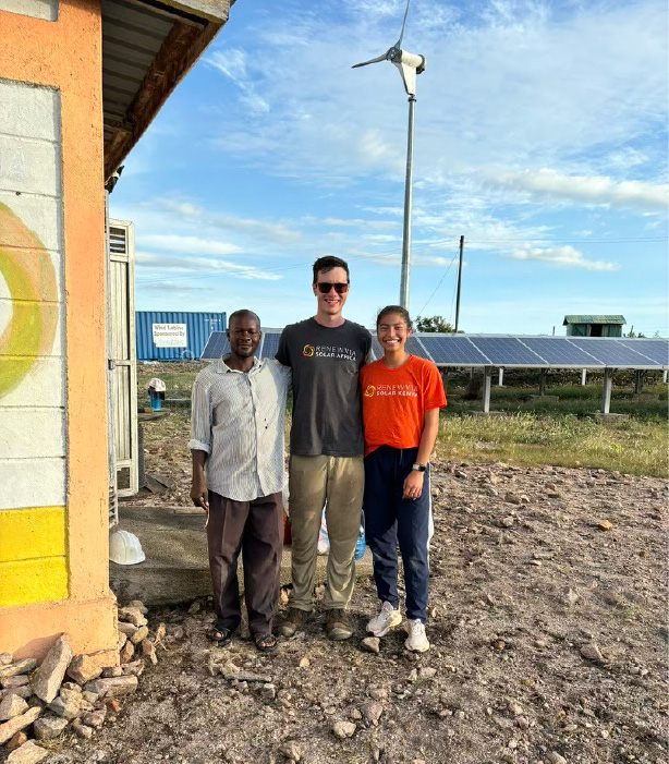 George Ochieng, Ndeda Island site technician; Nicholas Selby; and Amanda Ehrenhalt at Renewvia’s mini-grid and wind turbine site on Ndeda Island.