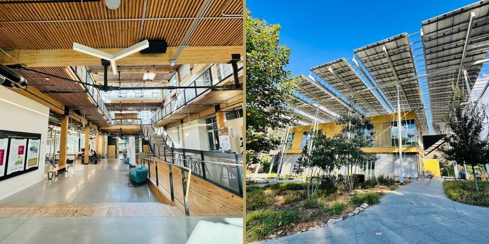 Left: Mass timber wood in the Kendeda Building’s interior. Right: Multifunctional solar panels soar above the Kendeda Building’s rooftop.