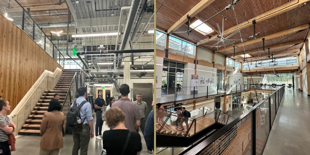 Left: Students visit the wastewater management system and the control room for electricity generation from the solar panels. Right: The Kendeda Building’s passive ventilation system is seamlessly integrated into both its interior layout and roof structure.