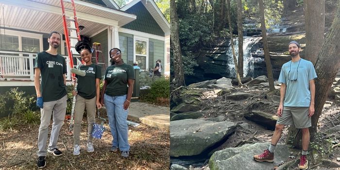 (Left) Tommy Bledsoe and colleagues work on a Habitat for Humanity painting project as a part of CBRE’s Day of Service in September 2024. (Right) Tommy Bledsoe on a backpacking trip on the Appalachian Trail in September 2024.