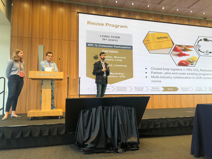 The Georgia Tech MBA team presents at the finals for the Patagonia Case Competition in April 2019, in Berkeley, California